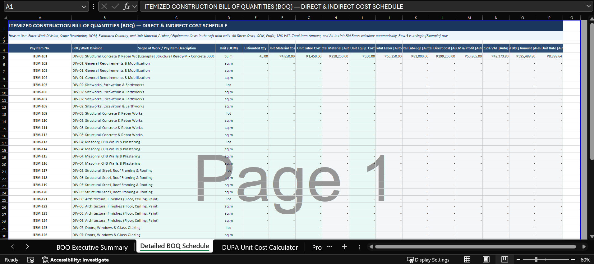 Excel template for a Construction Bill of Quantities (BOQ) preview