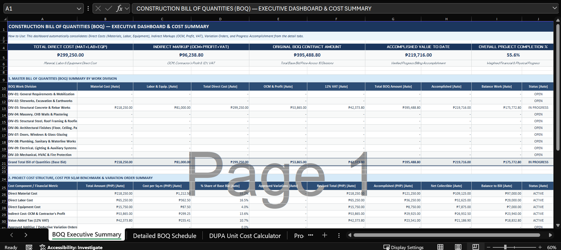 Excel template for a Construction Bill of Quantities (BOQ) preview