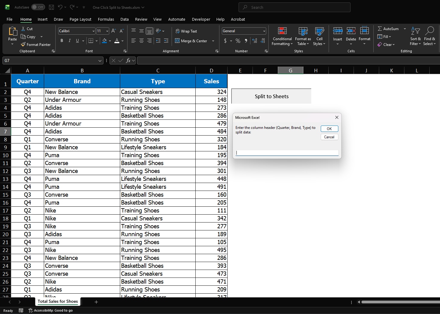 One Click Split to Sheets template