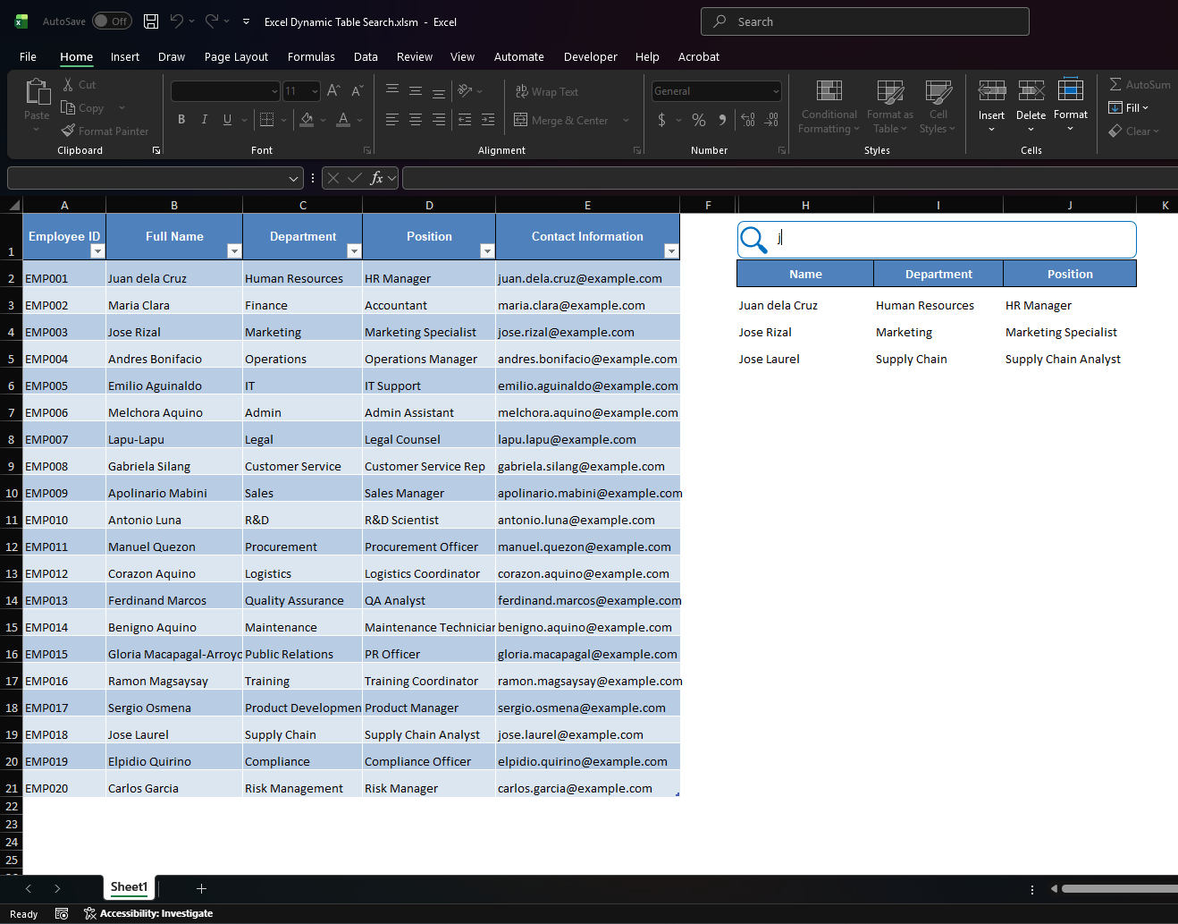 Dynamic Table Search template