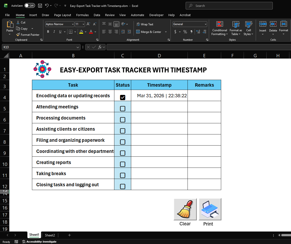 Easy Export Task Tracker with Timestamp template