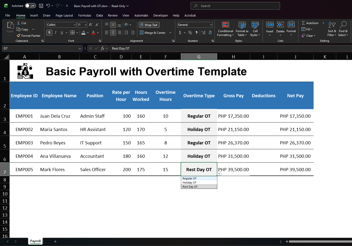 Basic Payroll with Overtime Pay Template
