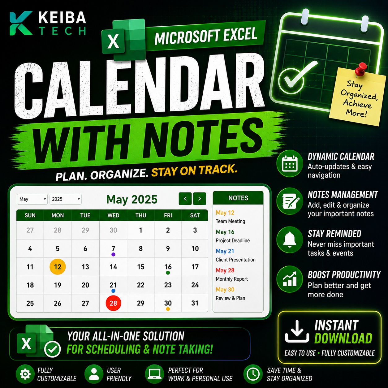 Microsoft Excel Calendar with Notes